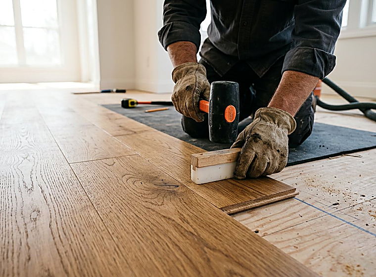 Careful flooring installation in a bright room
